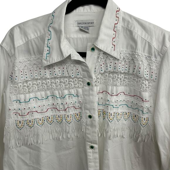 Rhinestone Western Fringe Shirt Carlton‎ Sport Embroidered White Size L - Picture 2 of 9